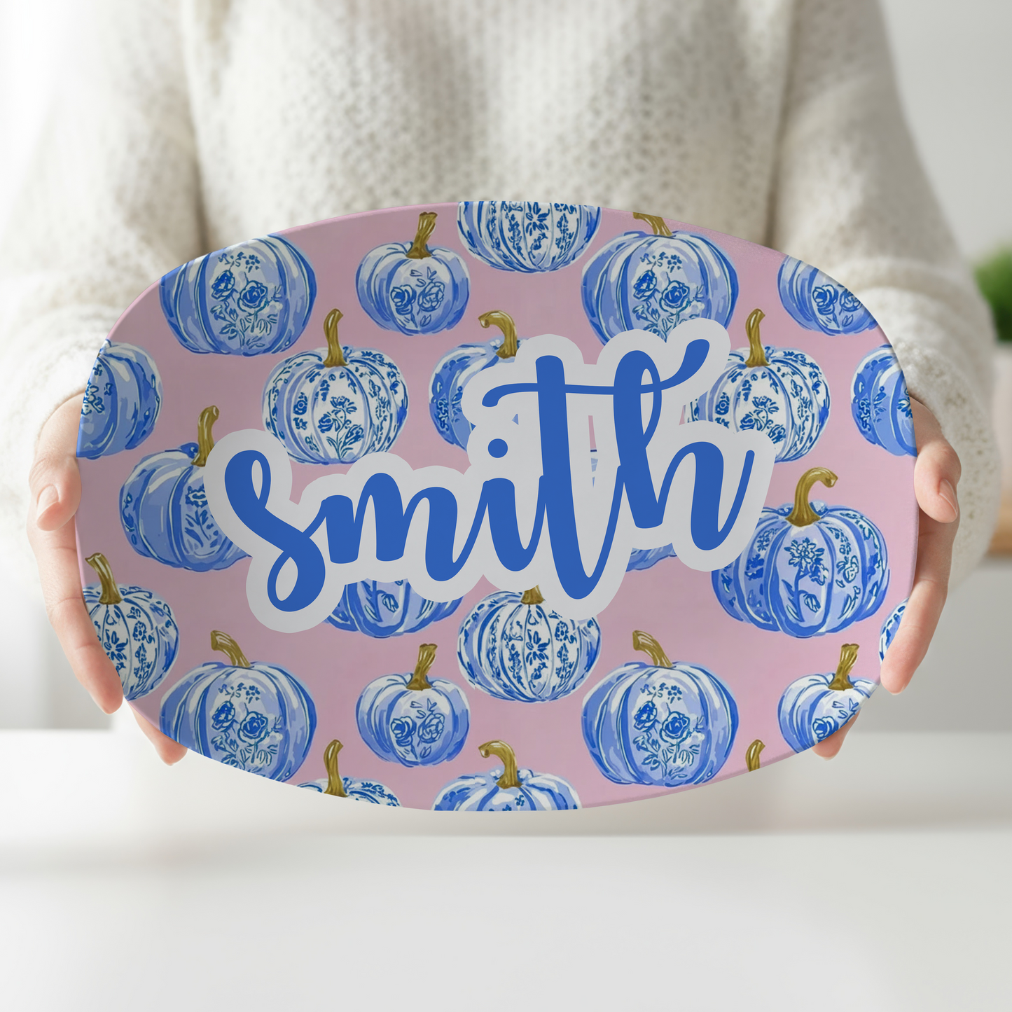 Personalized Pink Pumpkin Serving Platter | Custom Name Oval Platter | Blue Chinoiserie Pumpkin Fall Serving Tray | Thanksgiving Gift
