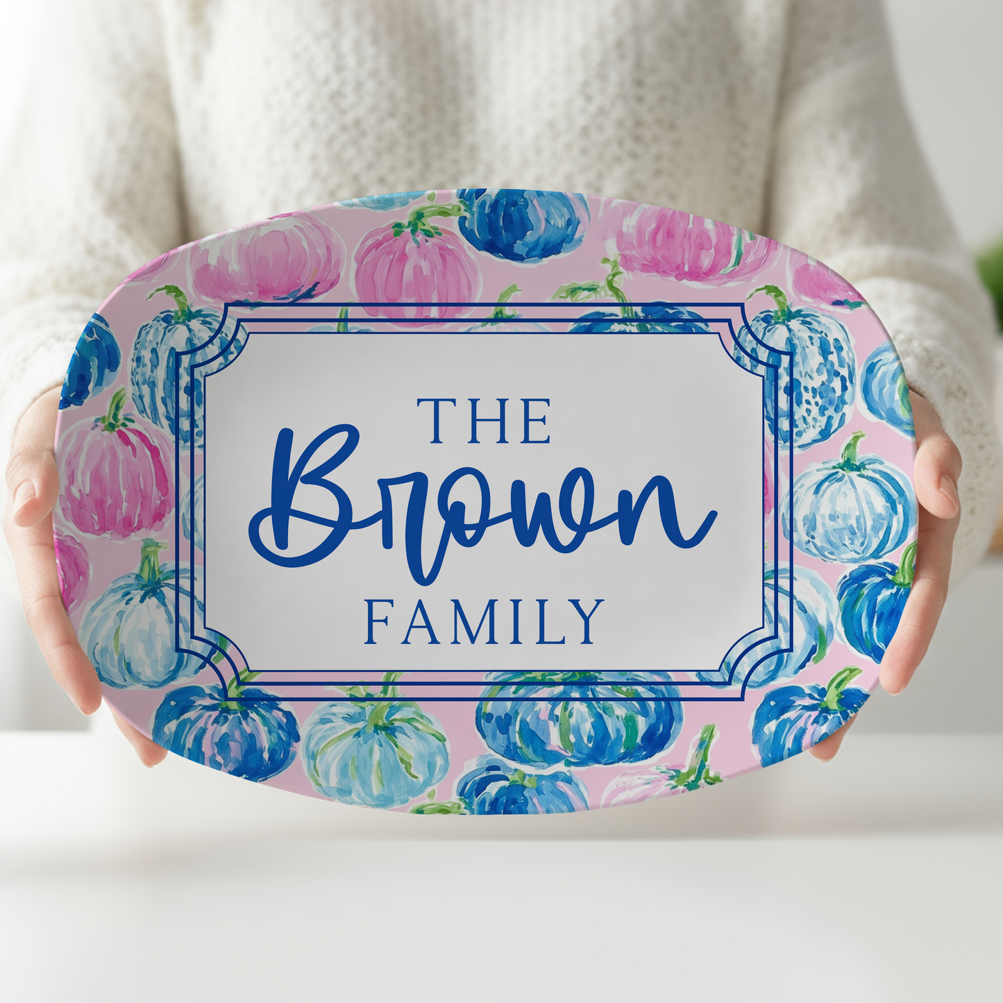 Personalized Pink Pumpkin Serving Platter | Custom Family Name Oval Melamine Platter | Pink & Blue Fall Serving Tray | Thanksgiving Hostess Gift
