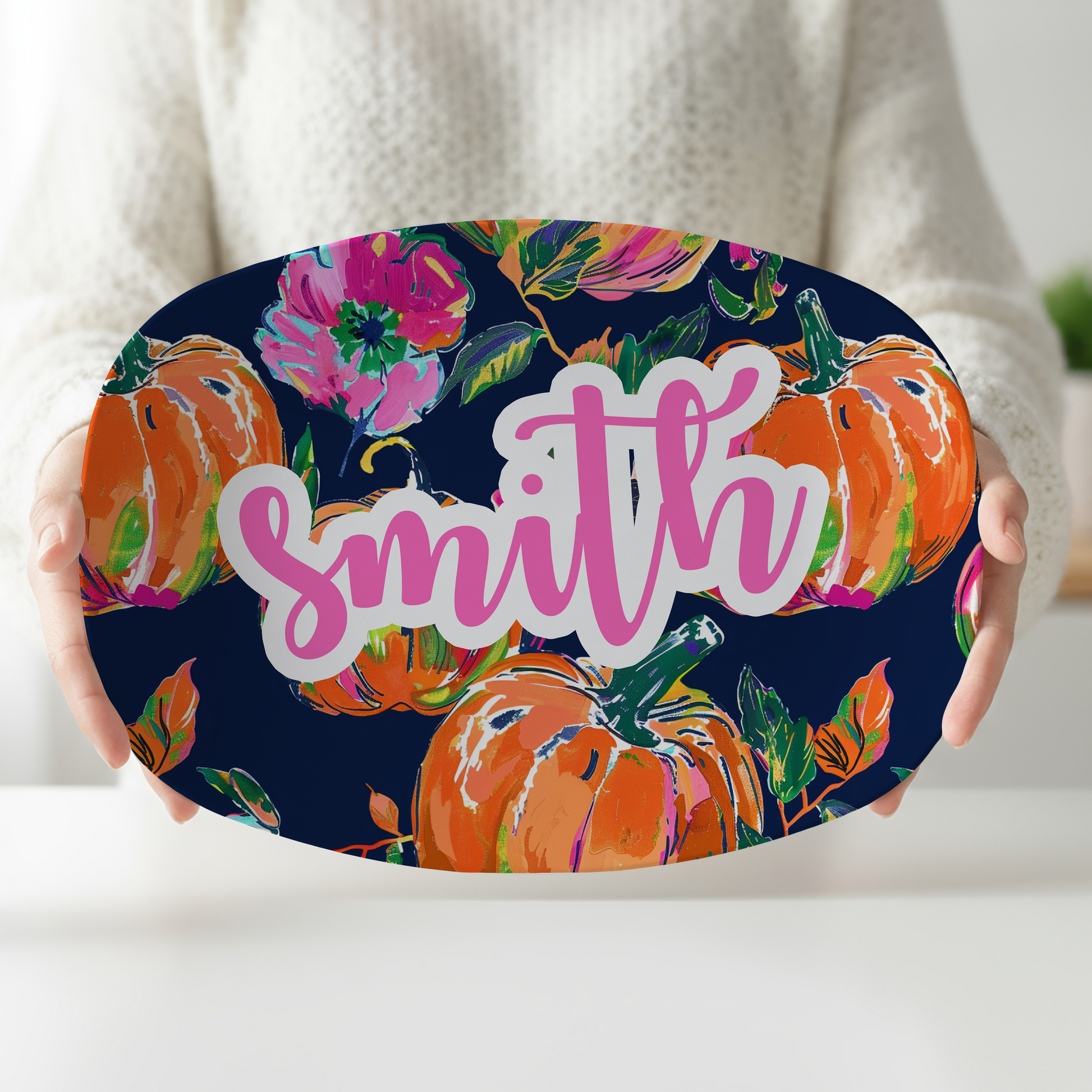 Personalized Pumpkin Serving Platter | Custom Family Name Serving Tray | Preppy Pink Pumpkin Platter | Fall Thanksgiving Serving Dish