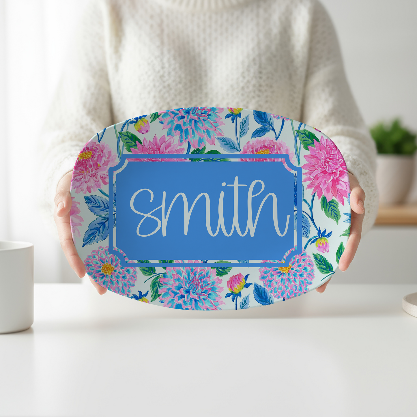 Personalized Dahlia Serving Platter | Custom Family Name Oval Platter | Pink & Blue Floral Serving Tray | Housewarming & Wedding Gift