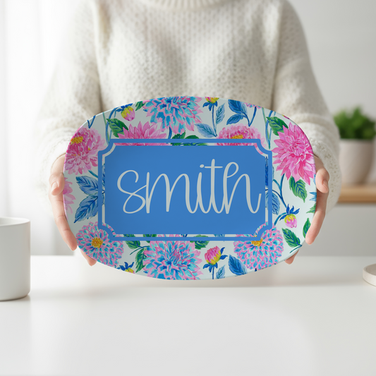 Personalized Dahlia Serving Platter | Custom Family Name Oval Platter | Pink & Blue Floral Serving Tray | Housewarming & Wedding Gift