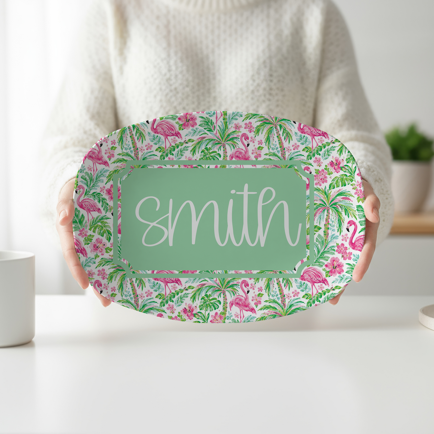 Personalized Flamingo Serving Platter | Custom Family Name Tropical Platter | Pink Flamingo Palm Leaf Serving Tray | Coastal Housewarming Gift