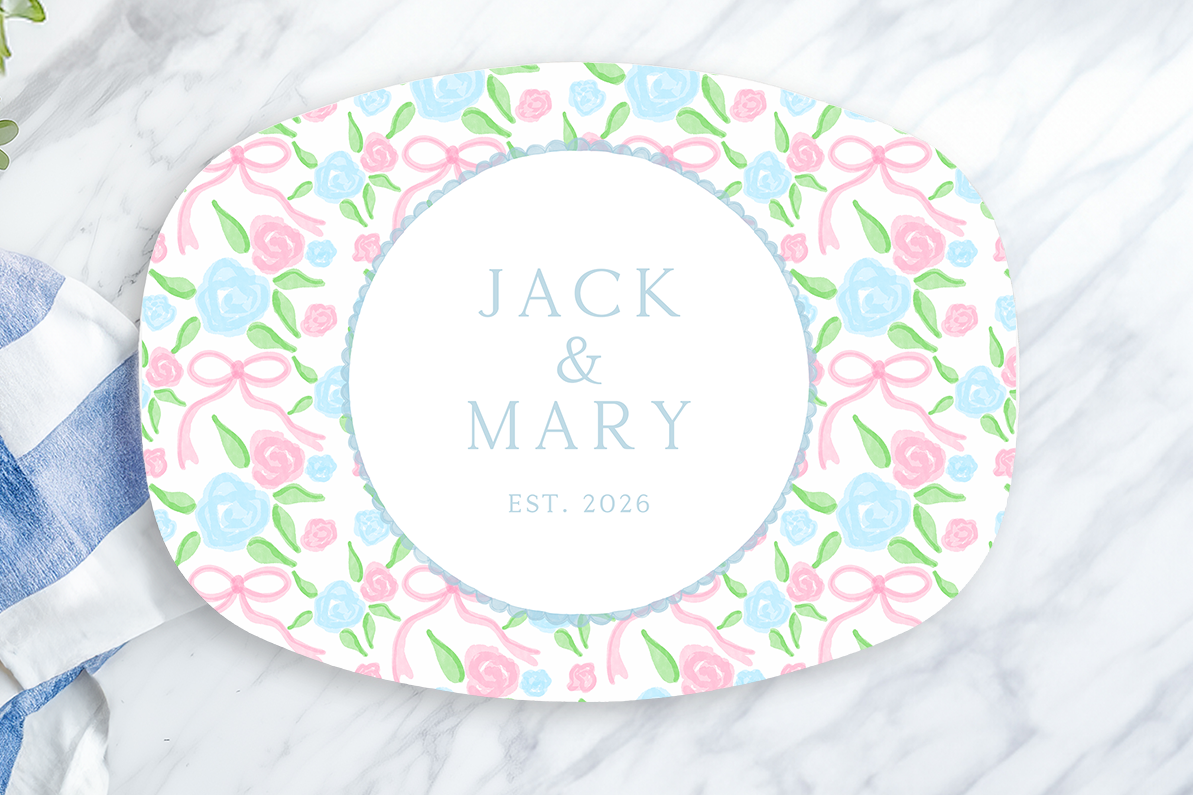 Personalized Preppy Floral Serving Platter | Custom Family Name Oval Melamine Platter | Pink & Blue Bow Serving Tray | Wedding & Housewarming Gift