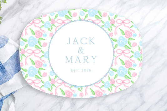 Personalized Preppy Floral Serving Platter | Custom Family Name Oval Melamine Platter | Pink & Blue Bow Serving Tray | Wedding & Housewarming Gift
