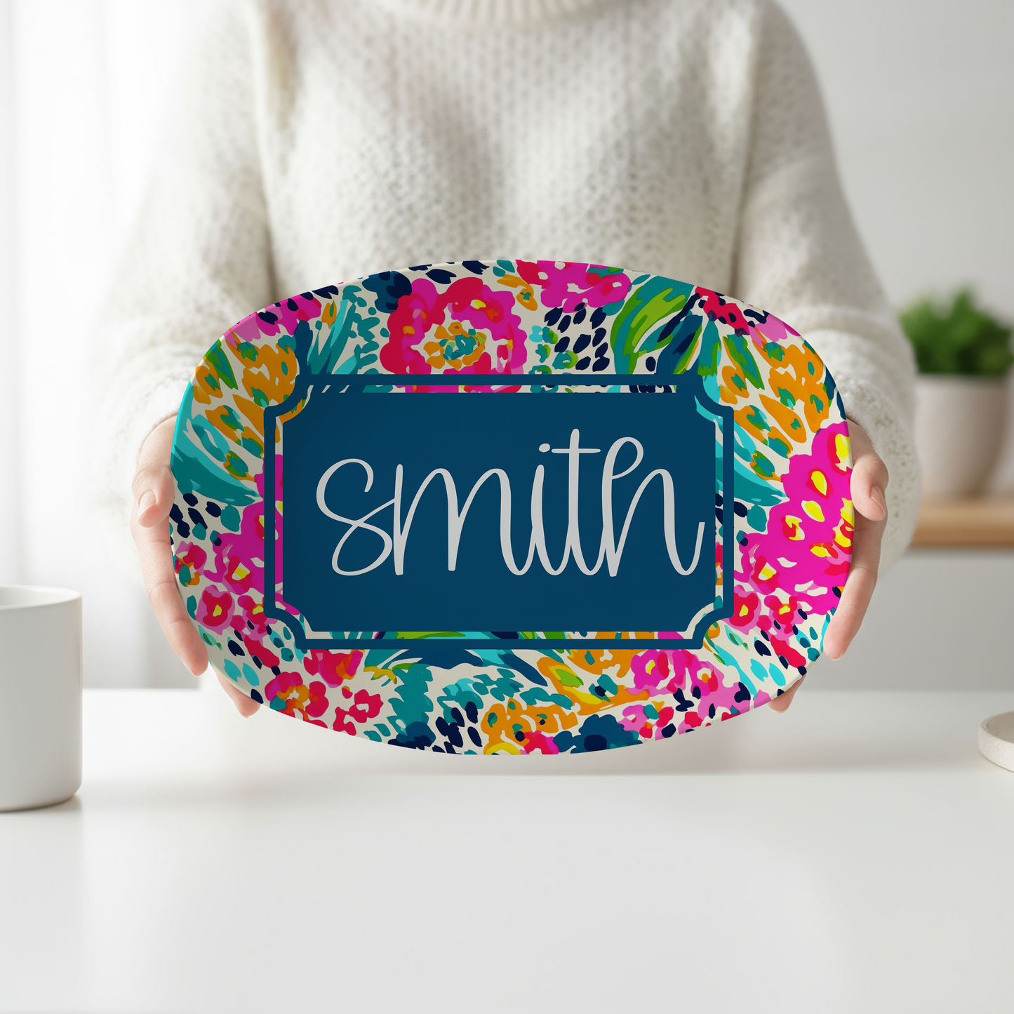 Personalized Preppy Leopard Serving Platter | Custom Family Name Platter | Colorful Floral Leopard Serving Tray | Maximalist Housewarming Gift