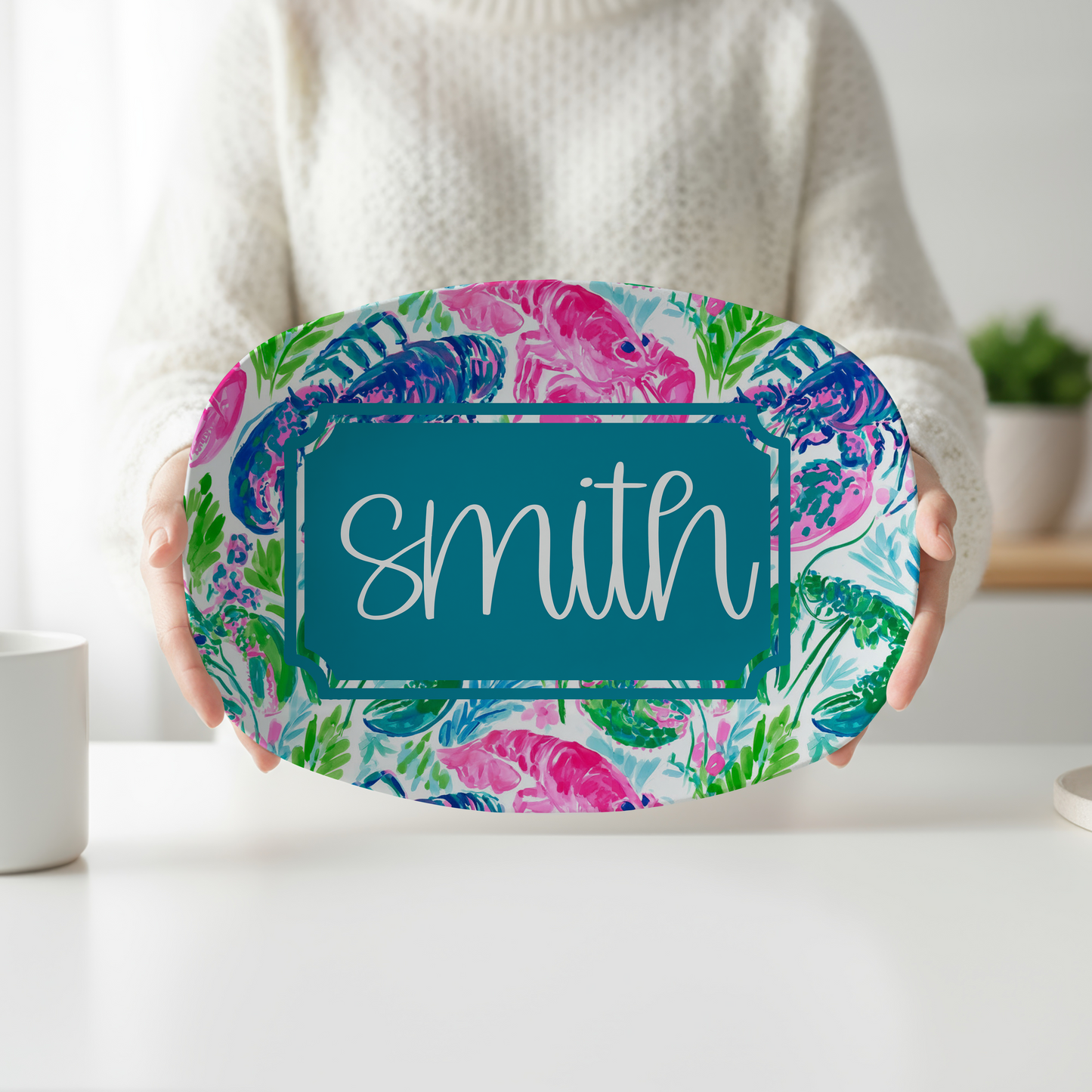 Personalized Coastal Lobster Serving Platter | Custom Family Name Platter | Nautical Lobster Serving Tray | Beach House Seafood Entertaining Gift
