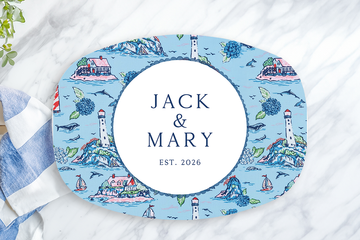Personalized Coastal Serving Platter | Custom Family Name Oval Melamine Platter | Nautical Lighthouse Serving Tray | Beach House Wedding Gift