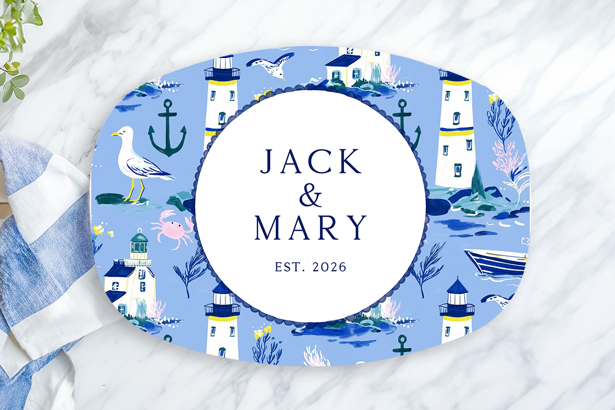Personalized Nautical Serving Platter | Custom Family Name Oval Platter | Lighthouse & Coastal Serving Tray | Beach House Wedding Gift
