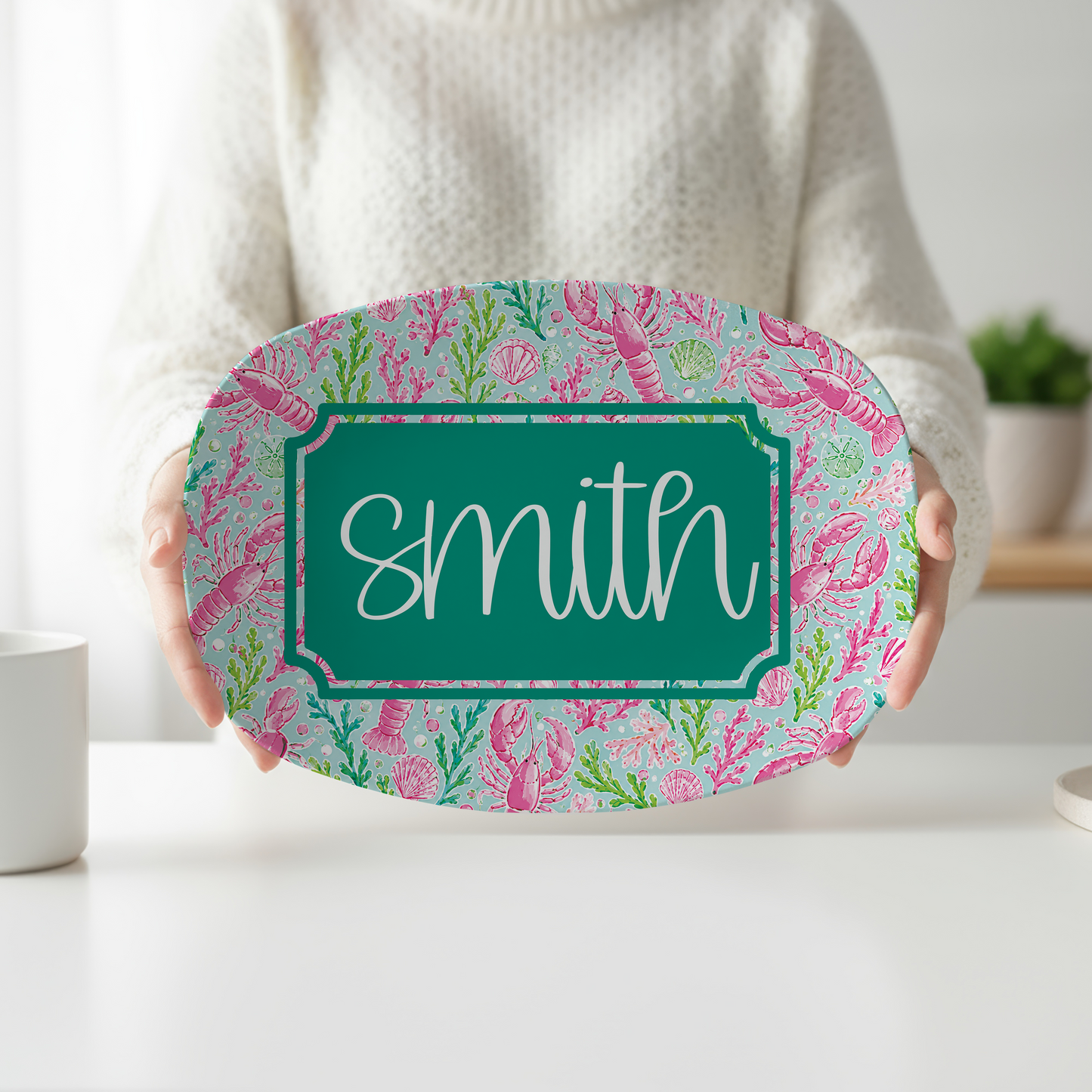 Personalized Pink Lobster Serving Platter | Custom Family Name Platter | Coastal New England Seafood Serving Tray | Beach House Gift