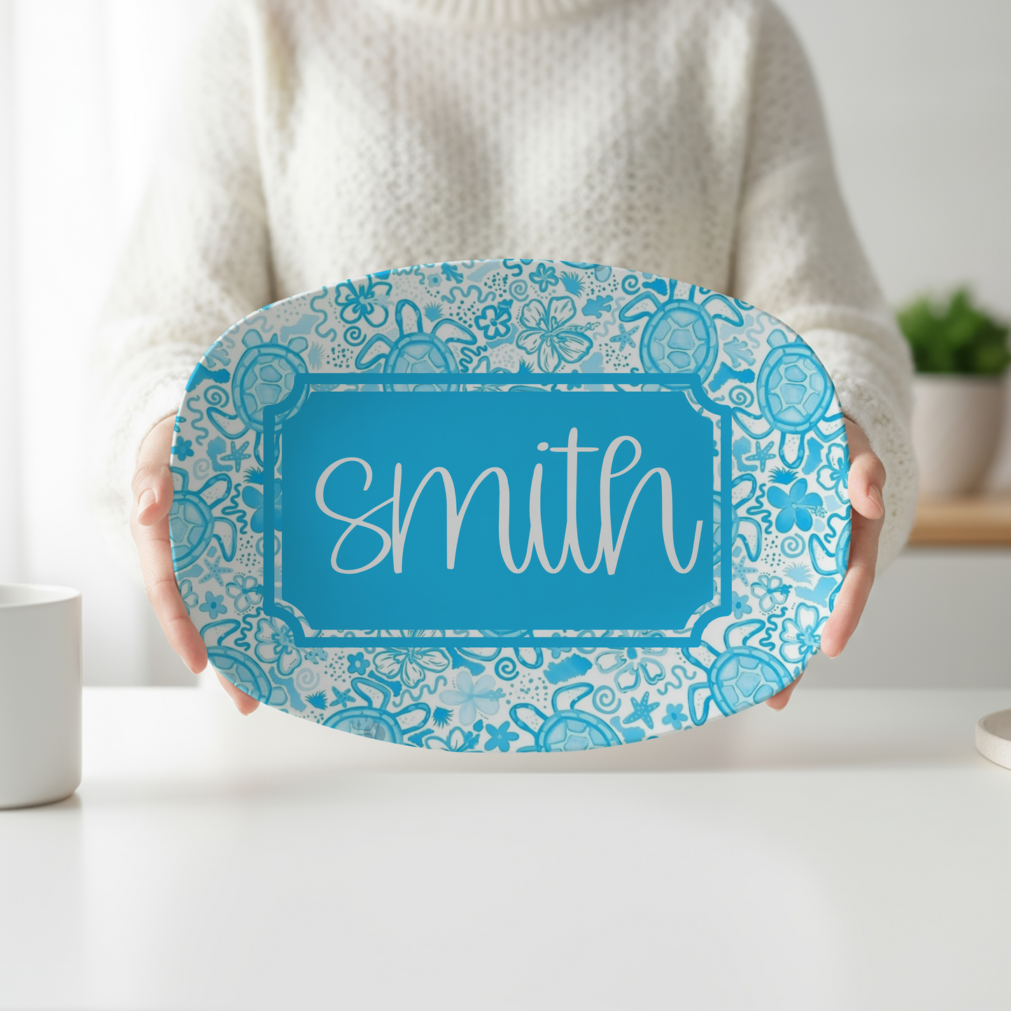 Personalized Sea Turtle Serving Platter | Custom Family Name Platter | Coastal Beach House Serving Tray | Ocean Lover Housewarming Gift