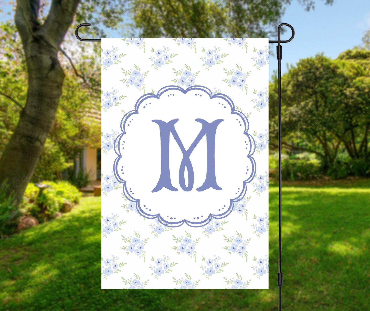 Personalized Garden Flag with Monogram Blue Floral