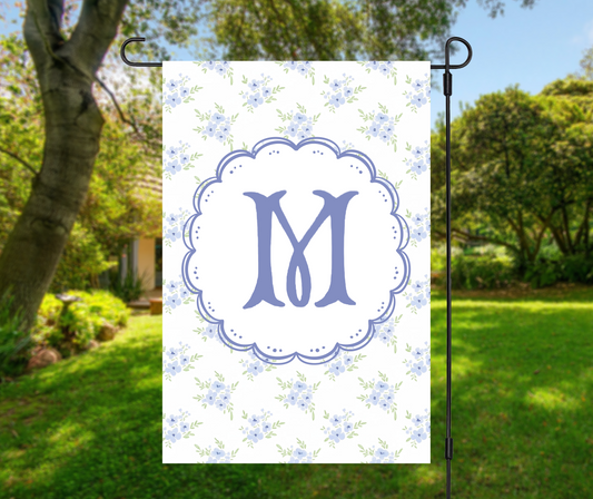 Personalized Garden Flag with Monogram Blue Floral