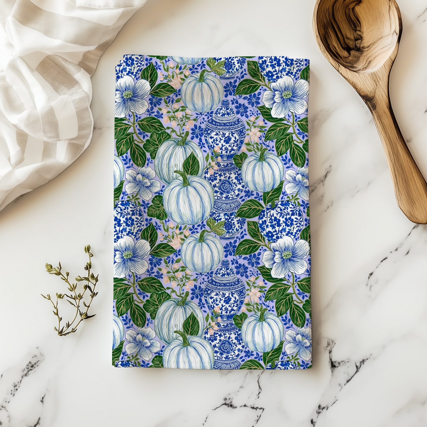 Blue and White Chinoiserie Pumpkin Tea Towel, Ginger Jar Floral Print, Grandmillennial Fall Kitchen Decor