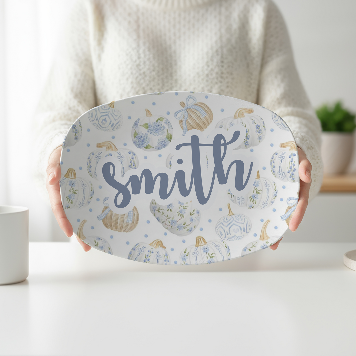 Personalized Blue Pumpkin Serving Platter | Custom Name Fall Platter | Chinoiserie Pumpkin Thanksgiving Tray | Autumn Hostess Gift | Pumpkin Kitchen Decor