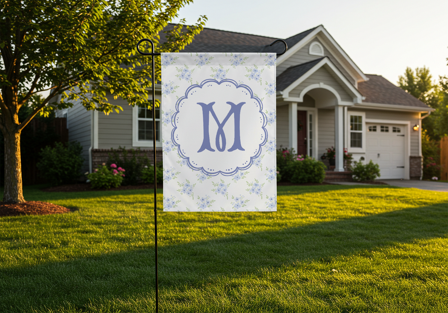 Personalized Garden Flag with Monogram Blue Floral