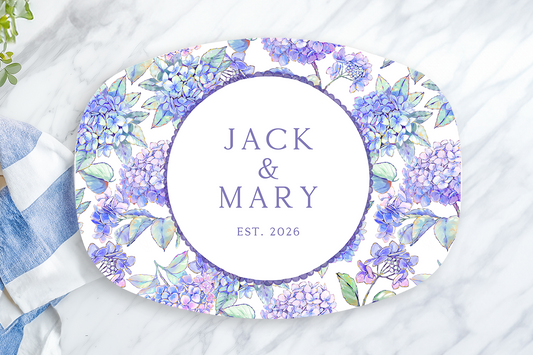 Personalized Hydrangea Serving Platter | Custom Family Name Oval Platter | Purple Floral Serving Tray | Wedding & Housewarming Gift