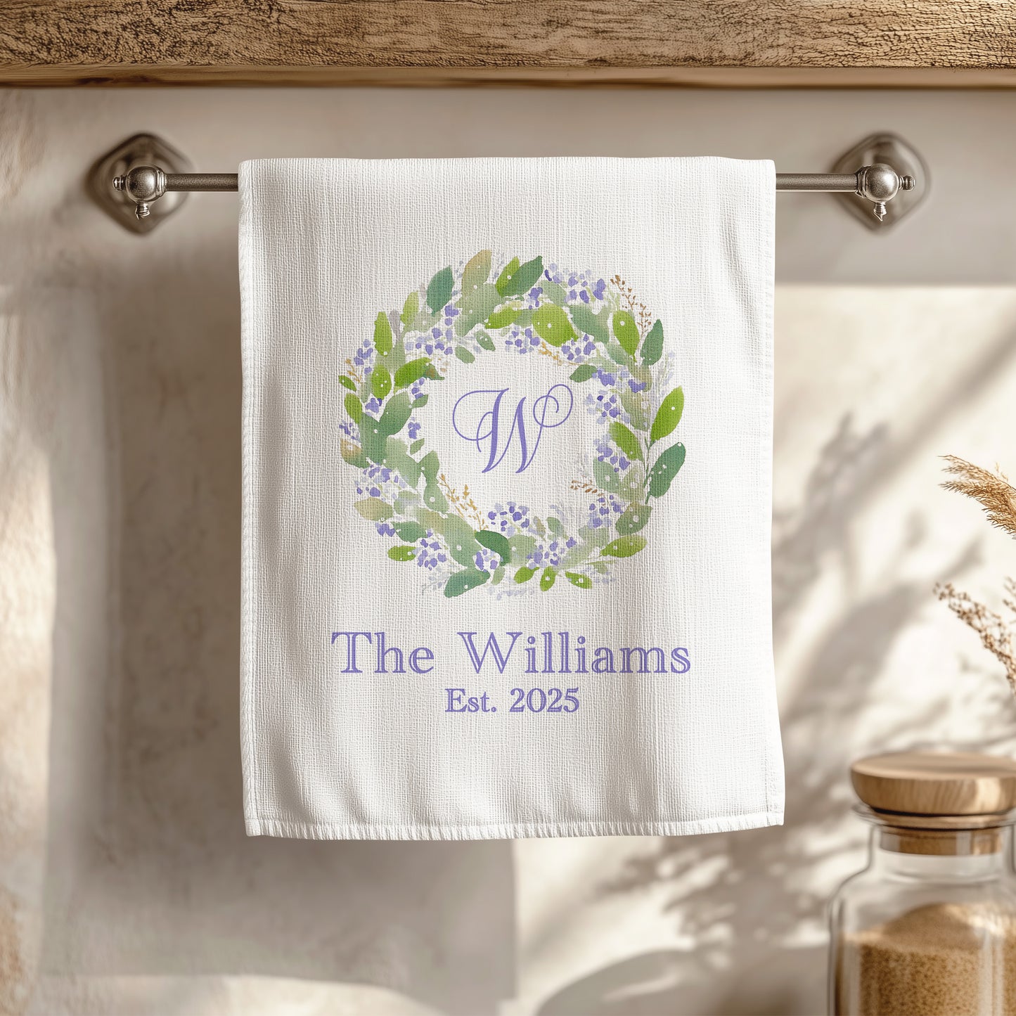 Personalized Watercolor Wreath Tea Towel