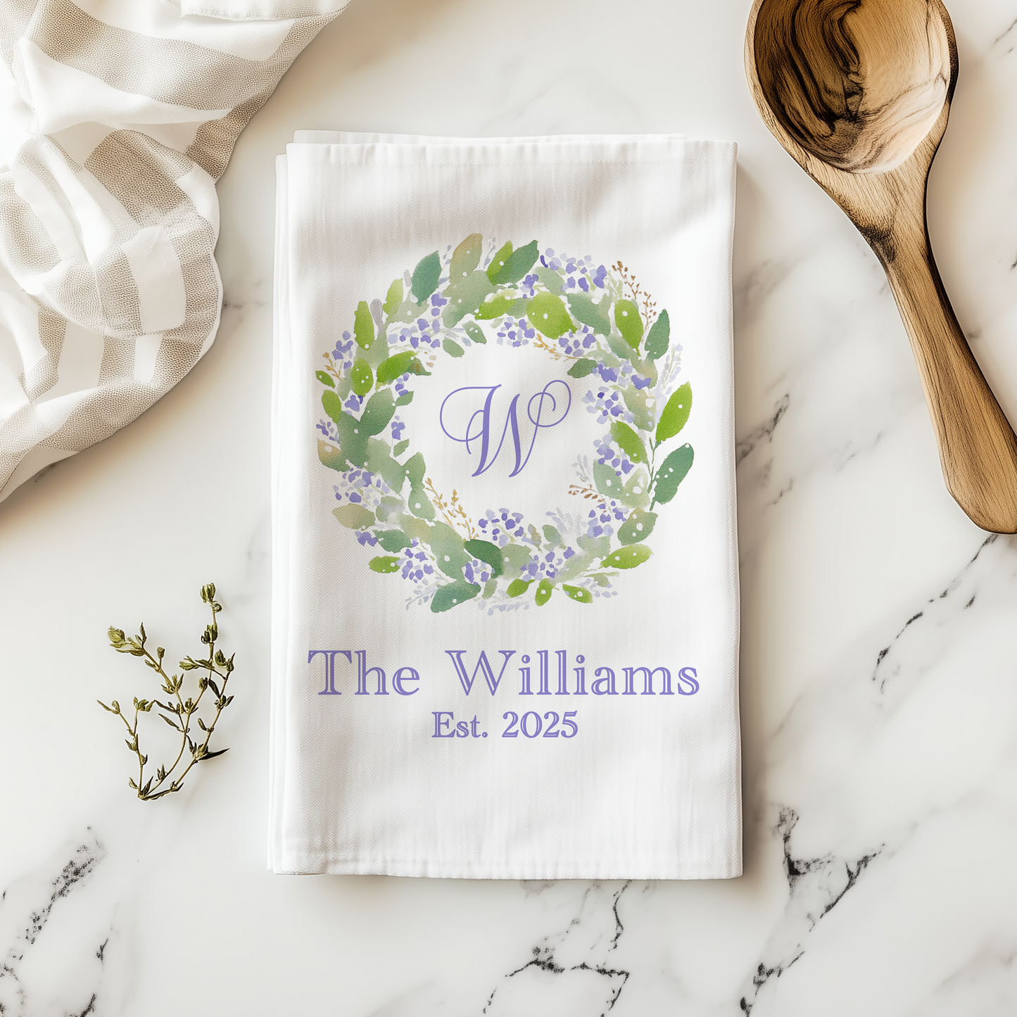 Personalized Watercolor Wreath Tea Towel