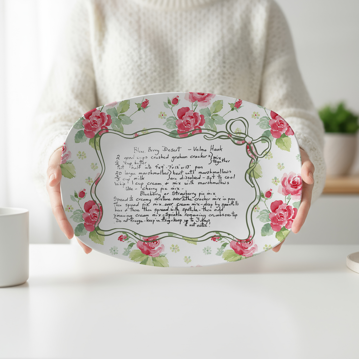 Personalized Handwritten Recipe Platter | Custom Family Recipe Serving Tray | Vintage Rose Recipe Keepsake Gift