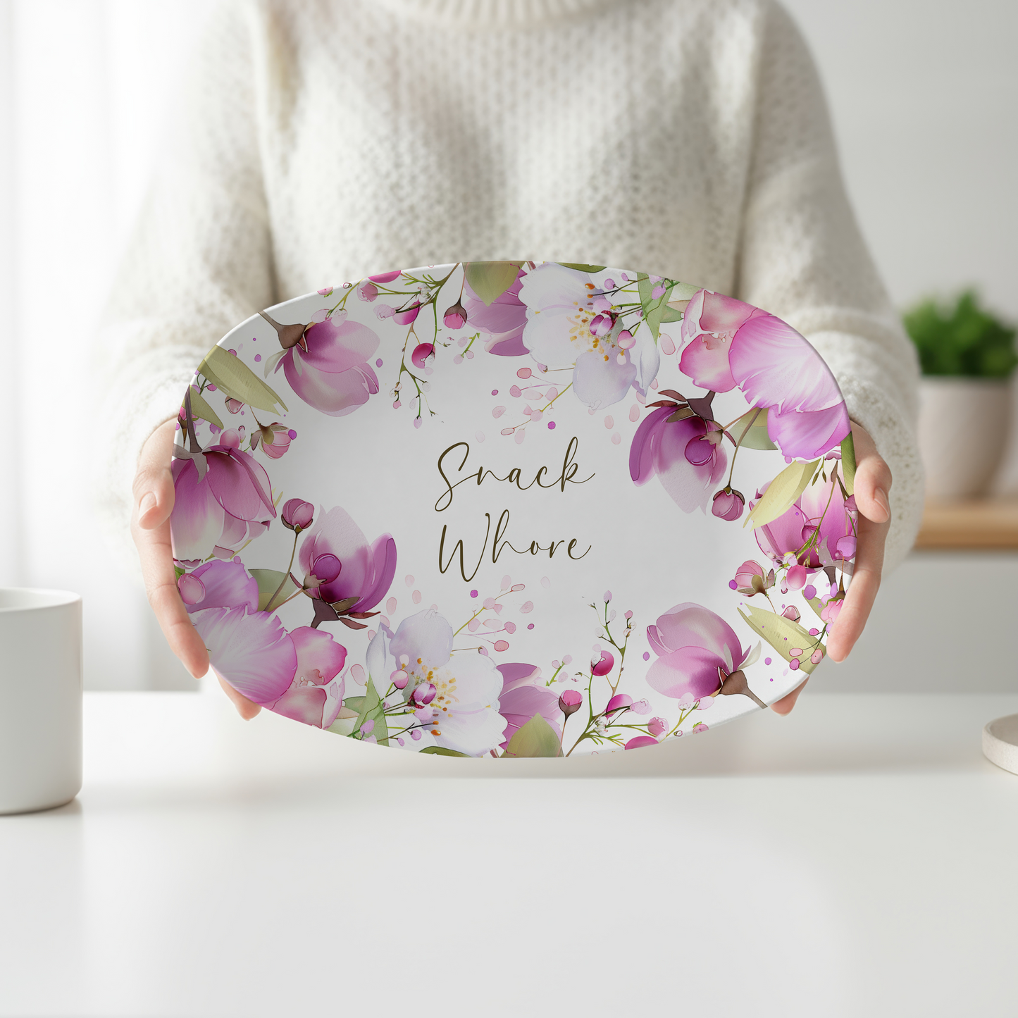 Snack Whore Funny Serving Platter | Sarcastic Snack Tray | Funny Hostess Gift | Pink Floral Kitchen Decor