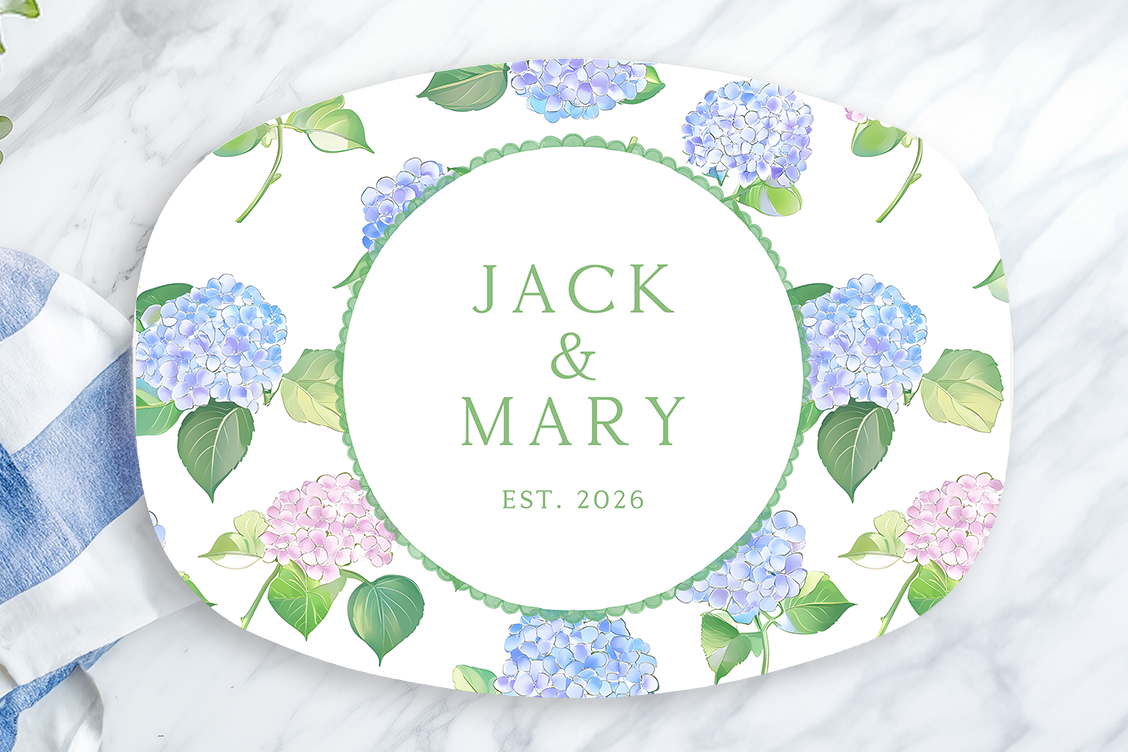 Personalized Hydrangea Serving Platter | Custom Family Name Oval Platter | Blue & Pink Hydrangea Serving Tray | Housewarming Wedding Gift