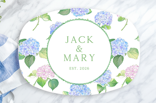 Personalized Hydrangea Serving Platter | Custom Family Name Oval Platter | Blue & Pink Hydrangea Serving Tray | Housewarming Wedding Gift