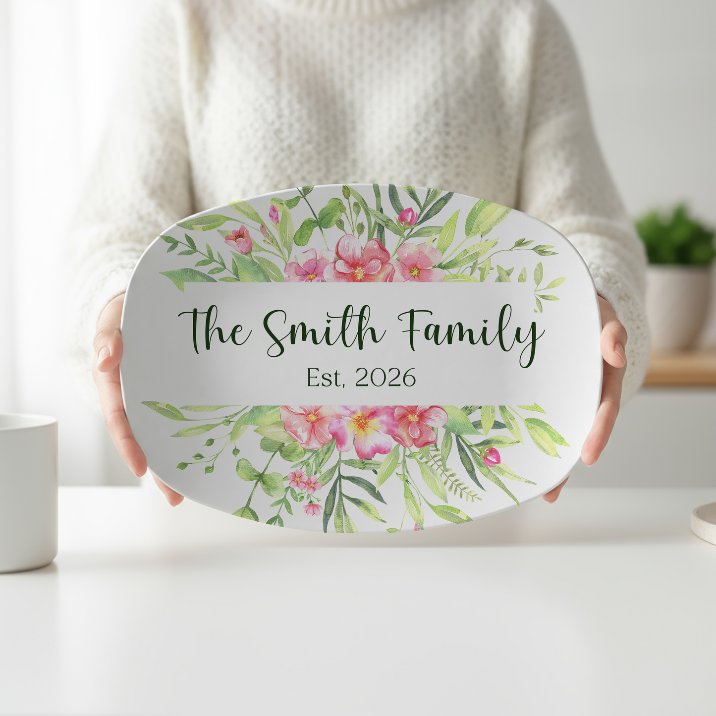 Personalized Tropical Floral Serving Platter | Custom Family Name Platter | Pink Floral Botanical Serving Tray | Housewarming & Wedding Gift