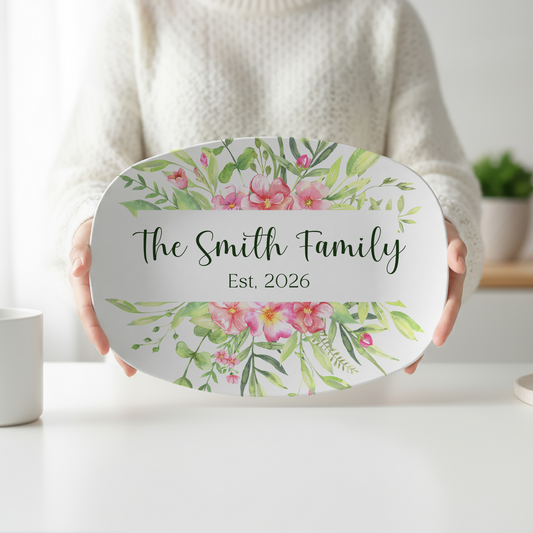 Personalized Tropical Floral Serving Platter | Custom Family Name Platter | Pink Floral Botanical Serving Tray | Housewarming & Wedding Gift