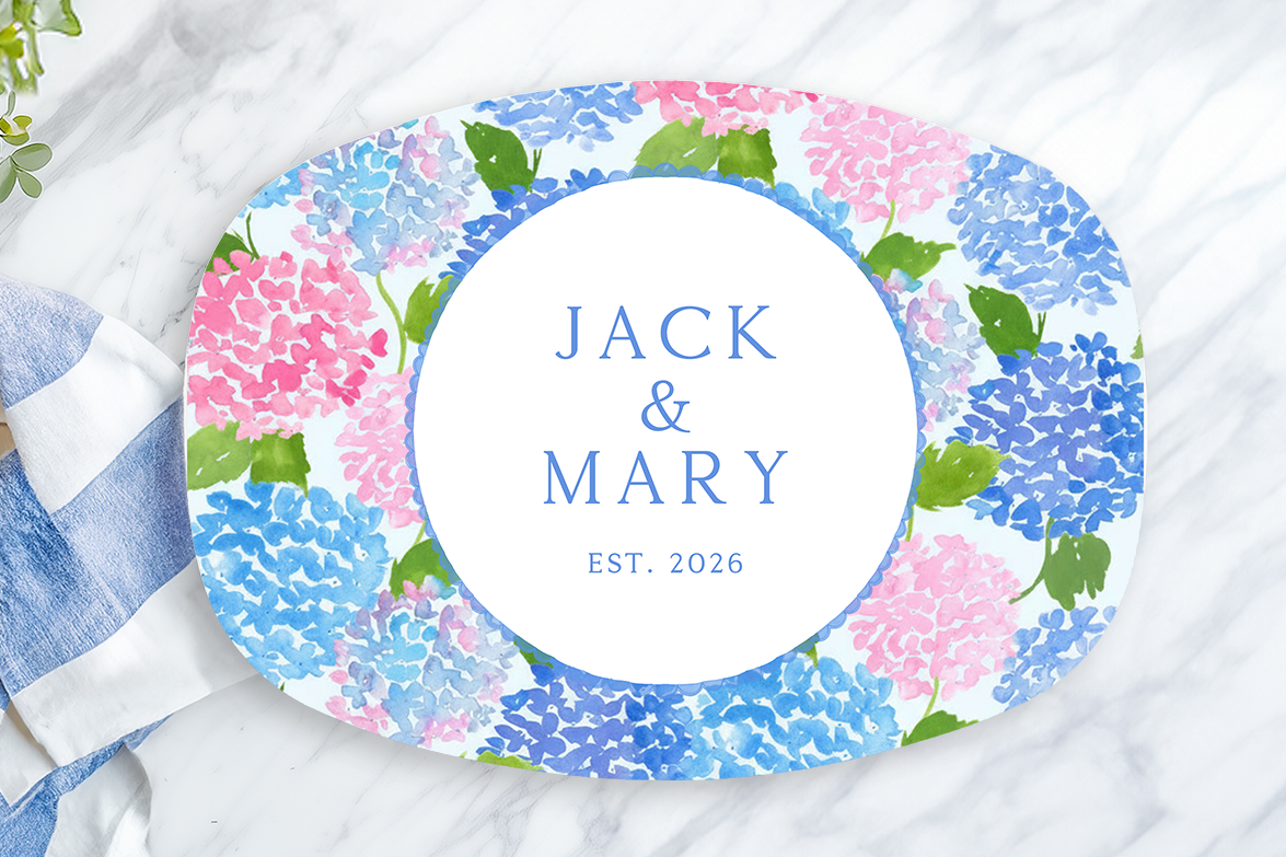 Personalized Hydrangea Serving Platter | Custom Family Name Oval Platter | Pink & Blue Floral Serving Tray | Wedding & Housewarming Gift