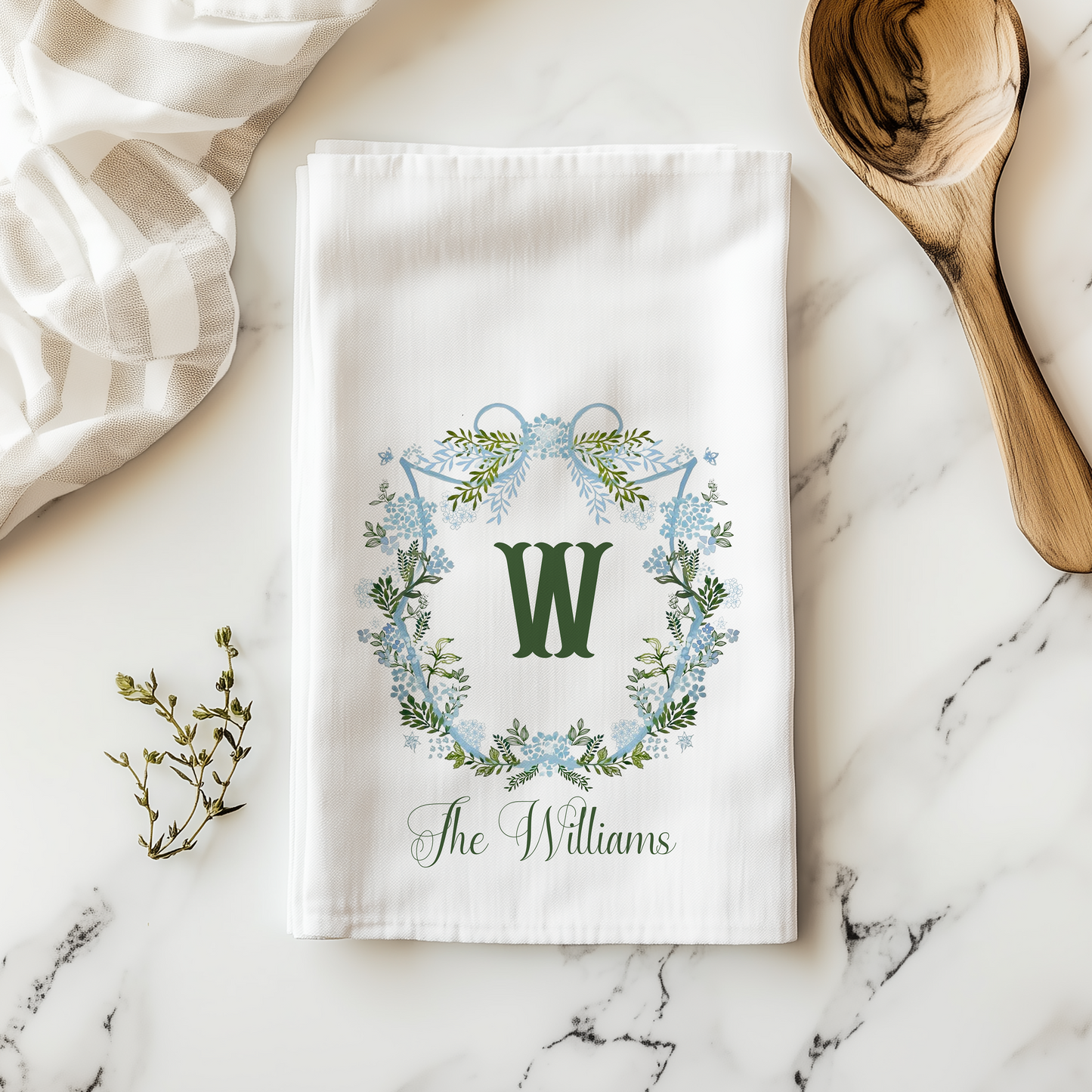 Personalized Blue Floral Tea Towel