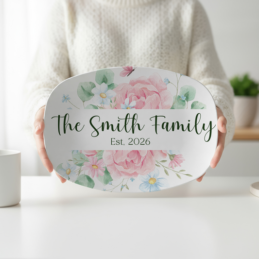 Personalized oval serving platter featuring blush pink watercolor peonies, delicate blue flowers, eucalyptus greenery, and a custom family name with optional established year. Elegant floral serving tray perfect for weddings, housewarming gifts, entertaining, and personalized kitchen décor.