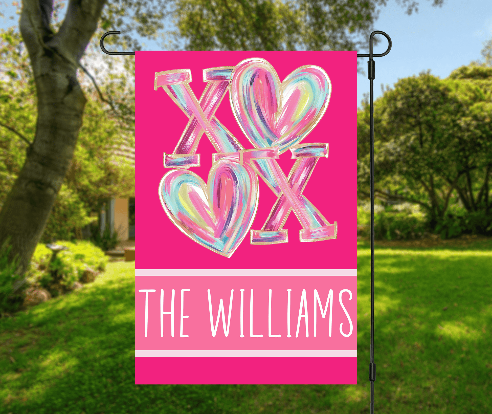 Personalized Valentines Day Decor Garden Flag XOXO with hand-painted hearts and colorful lettering.